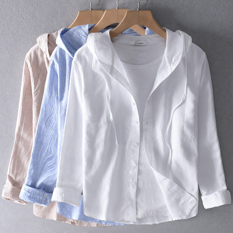 Women's Hooded Linen Blend Blouse Button Placket Loose Fit Casual Summer Top - Victrafia