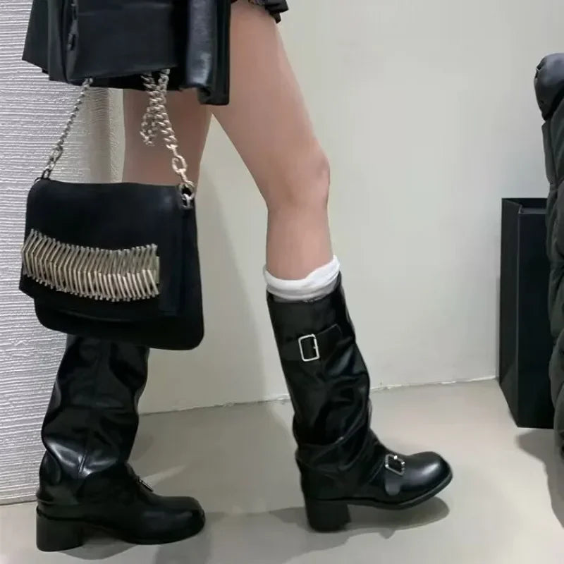 Women's Knee-High Buckle Boots Block Heel Moto Biker Slouchy Riding Fall Winter - Victrafia