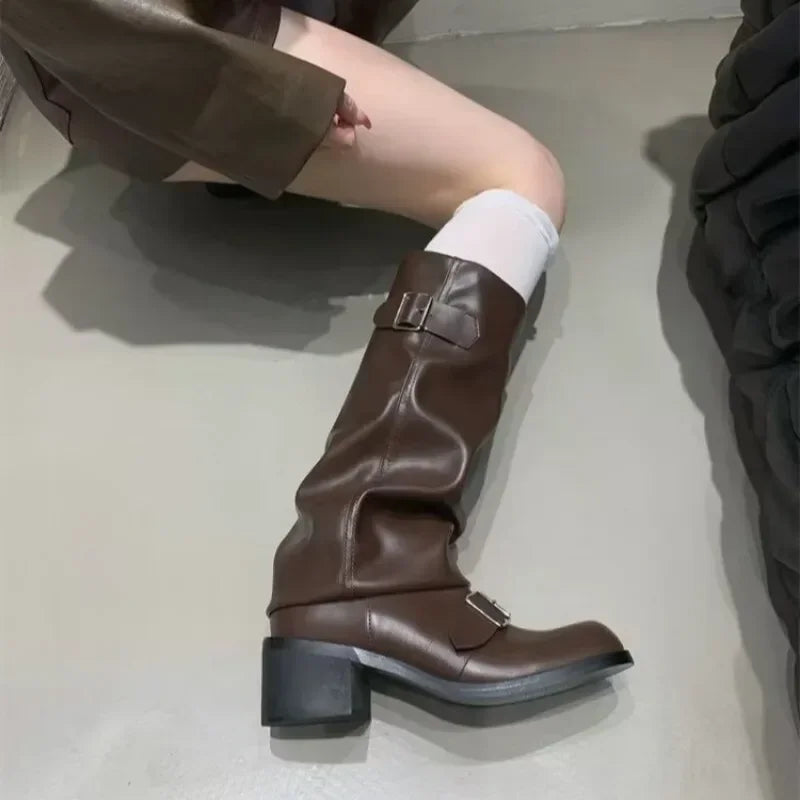 Women's Knee-High Buckle Boots Block Heel Moto Biker Slouchy Riding Fall Winter - Victrafia