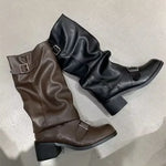 Women's Knee-High Buckle Boots Block Heel Moto Biker Slouchy Riding Fall Winter - Victrafia