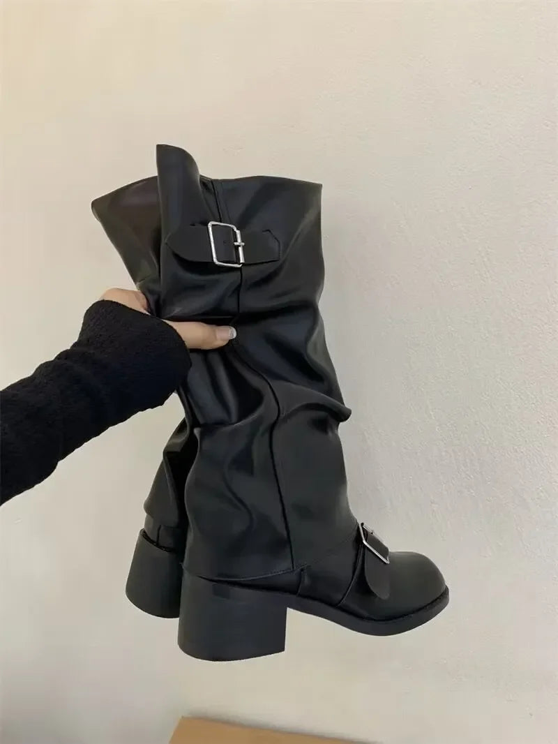 Women's Knee-High Buckle Boots Block Heel Moto Biker Slouchy Riding Fall Winter - Victrafia