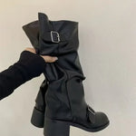 Women's Knee-High Buckle Boots Block Heel Moto Biker Slouchy Riding Fall Winter - Victrafia