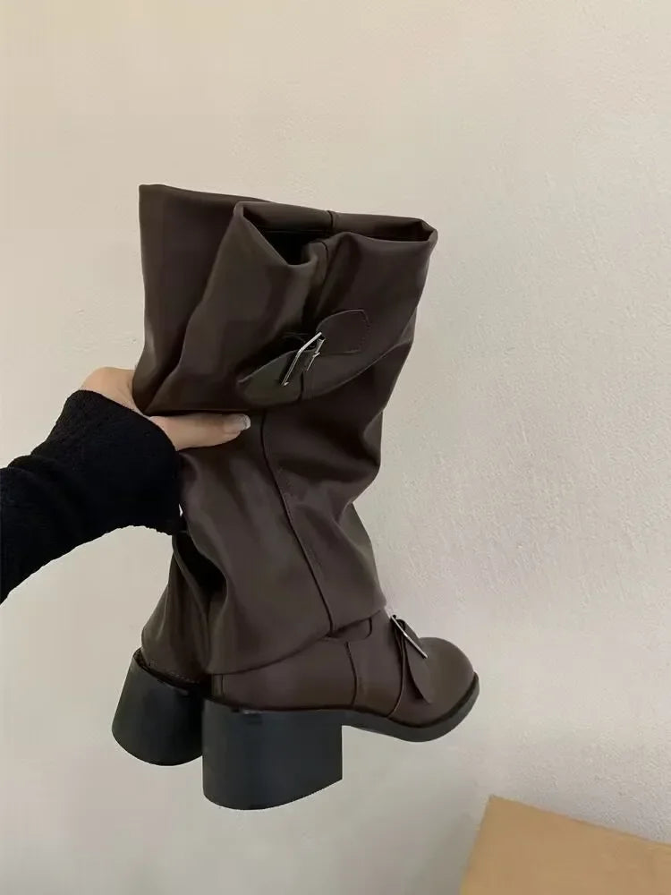Women's Knee-High Buckle Boots Block Heel Moto Biker Slouchy Riding Fall Winter - Victrafia