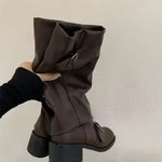 Women's Knee-High Buckle Boots Block Heel Moto Biker Slouchy Riding Fall Winter - Victrafia