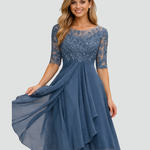 Women's Lace Bodice Midi Dress Wedding Guest Cocktail Party Three-Quarter Sleeve - Victrafia
