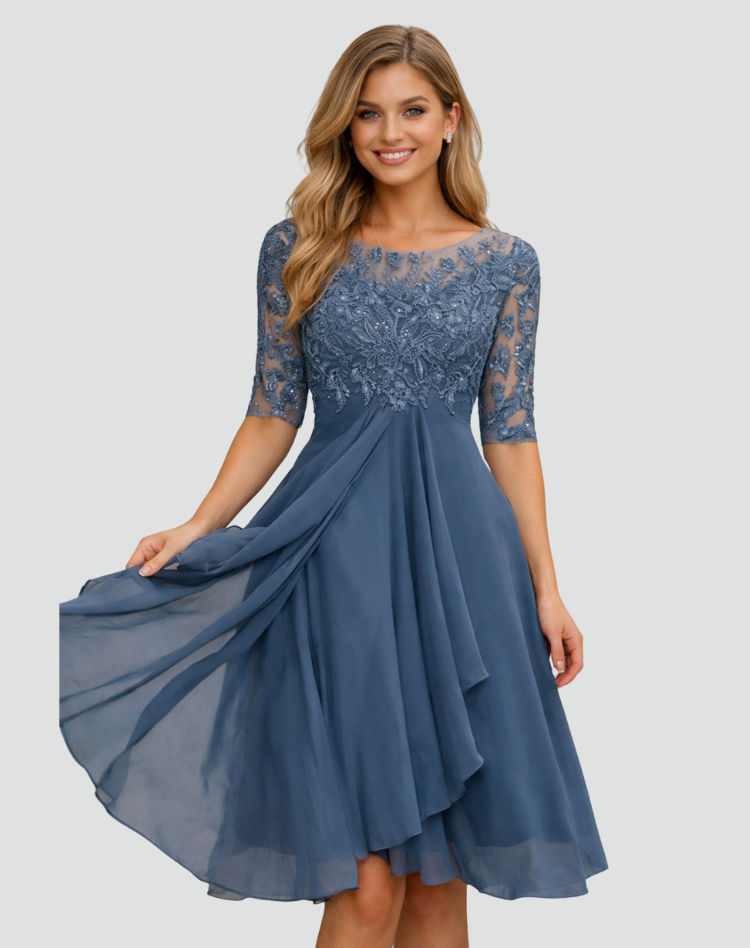 Women's Lace Bodice Midi Dress Wedding Guest Cocktail Party Three-Quarter Sleeve - Victrafia