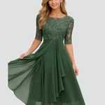 Women's Lace Bodice Midi Dress Wedding Guest Cocktail Party Three-Quarter Sleeve - Victrafia