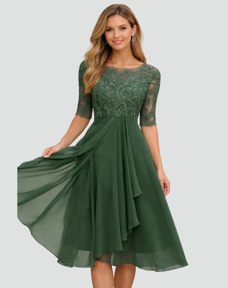 Women's Lace Bodice Midi Dress Wedding Guest Cocktail Party Three-Quarter Sleeve - Victrafia