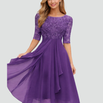Women's Lace Bodice Midi Dress Wedding Guest Cocktail Party Three-Quarter Sleeve - Victrafia