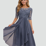 Women's Lace Bodice Midi Dress Wedding Guest Cocktail Party Three-Quarter Sleeve - Victrafia