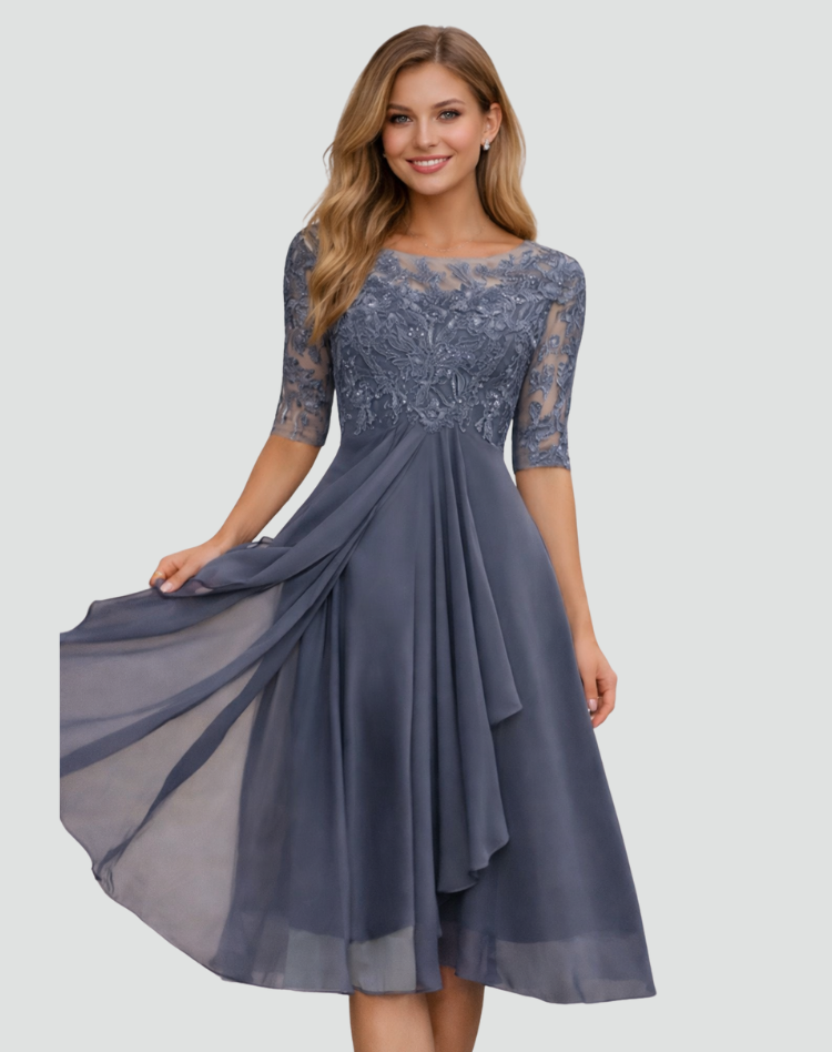 Women's Lace Bodice Midi Dress Wedding Guest Cocktail Party Three-Quarter Sleeve - Victrafia
