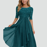 Women's Lace Bodice Midi Dress Wedding Guest Cocktail Party Three-Quarter Sleeve - Victrafia