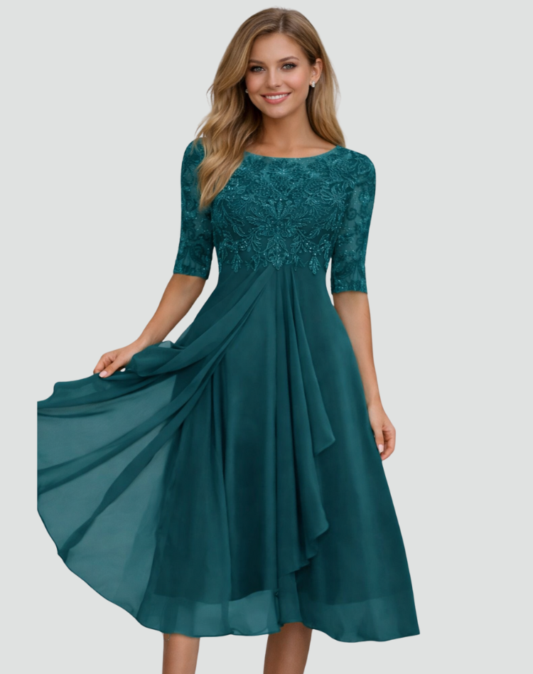 Women's Lace Bodice Midi Dress Wedding Guest Cocktail Party Three-Quarter Sleeve - Victrafia