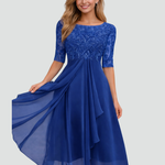 Women's Lace Bodice Midi Dress Wedding Guest Cocktail Party Three-Quarter Sleeve - Victrafia