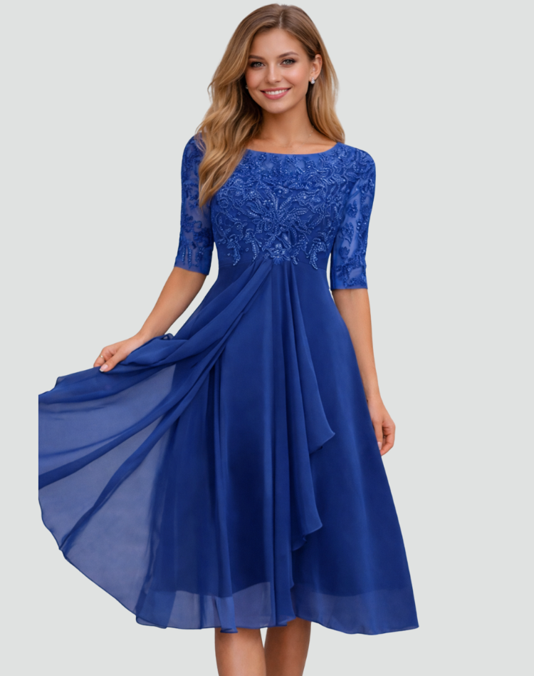 Women's Lace Bodice Midi Dress Wedding Guest Cocktail Party Three-Quarter Sleeve - Victrafia