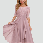 Women's Lace Bodice Midi Dress Wedding Guest Cocktail Party Three-Quarter Sleeve - Victrafia