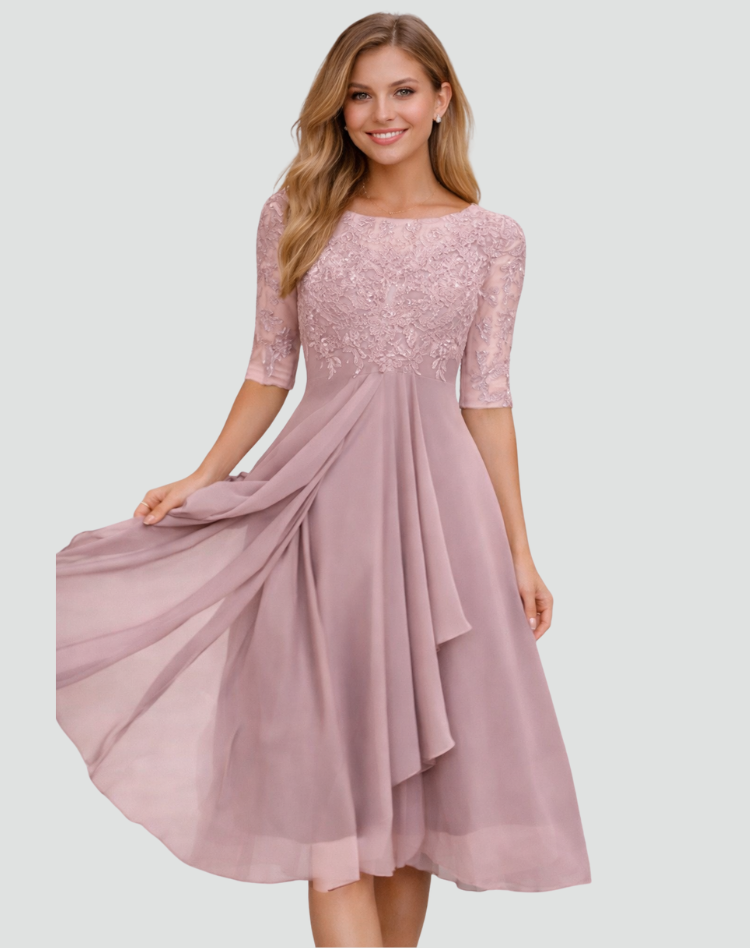 Women's Lace Bodice Midi Dress Wedding Guest Cocktail Party Three-Quarter Sleeve - Victrafia