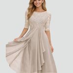 Women's Lace Bodice Midi Dress Wedding Guest Cocktail Party Three-Quarter Sleeve - Victrafia