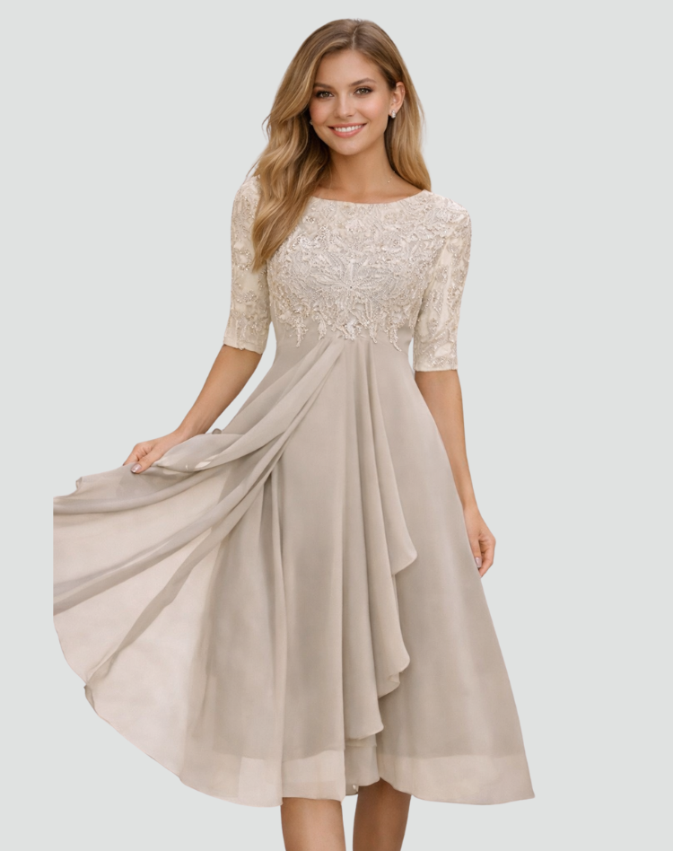Women's Lace Bodice Midi Dress Wedding Guest Cocktail Party Three-Quarter Sleeve - Victrafia