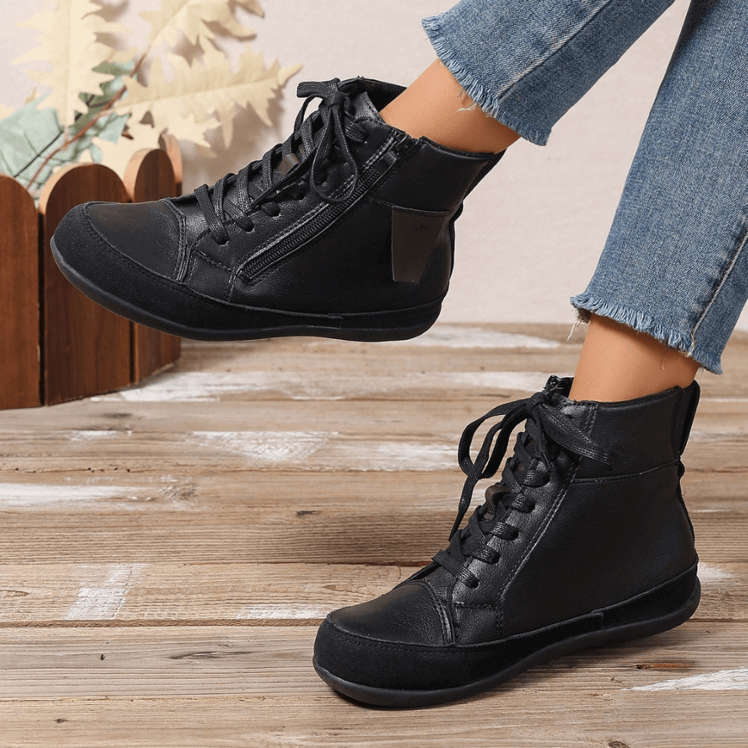 Women's Lace-Up Ankle Boots Side Zipper Round Toe Casual Walking Flat Booties - Victrafia