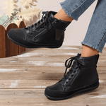 Women's Lace-Up Ankle Boots Side Zipper Round Toe Casual Walking Flat Booties - Victrafia