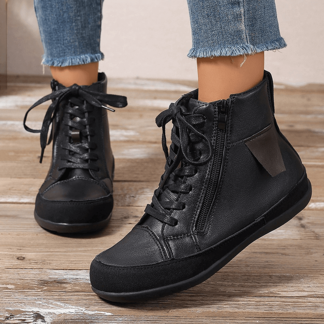 Women's Lace-Up Ankle Boots Side Zipper Round Toe Casual Walking Flat Booties - Victrafia