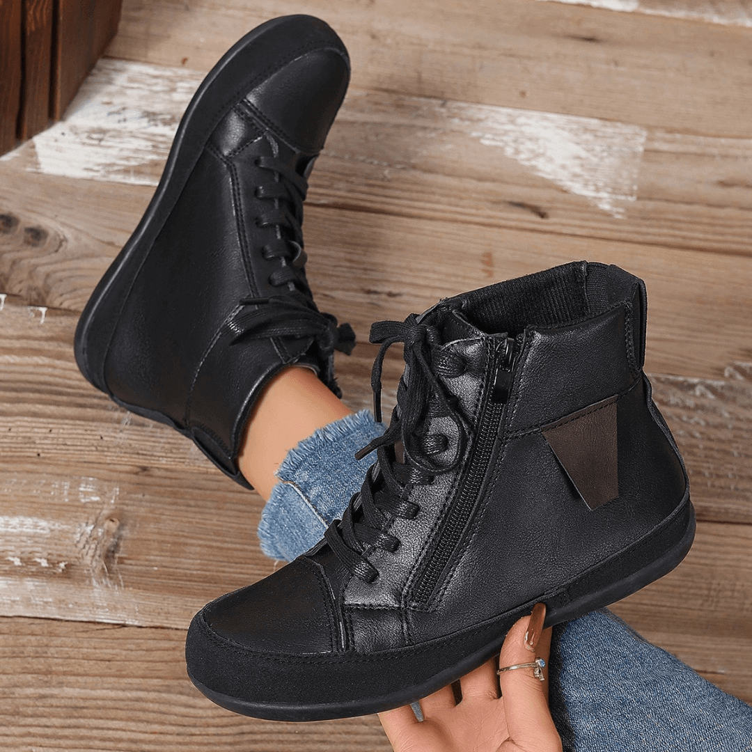 Women's Lace-Up Ankle Boots Side Zipper Round Toe Casual Walking Flat Booties - Victrafia