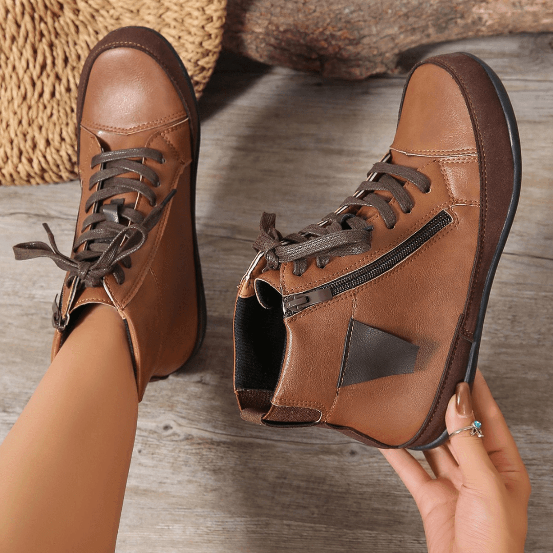 Women's Lace-Up Ankle Boots Side Zipper Round Toe Casual Walking Flat Booties - Victrafia