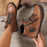 Women's Lace-Up Ankle Boots Side Zipper Round Toe Casual Walking Flat Booties - Victrafia