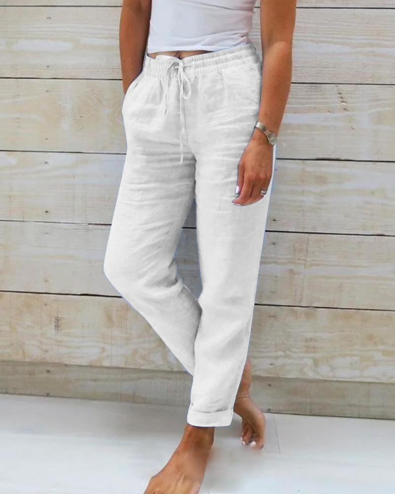 Women's Lightweight Linen Pants Elastic Waist Drawstring Casual Summer - Victrafia