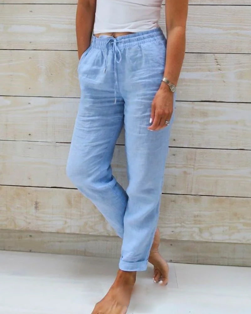 Women's Lightweight Linen Pants Elastic Waist Drawstring Casual Summer - Victrafia