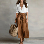 Women's Linen Co-Ord Set High-Waisted Midi Skirt & Blouse Casual Summer Outfit - Victrafia