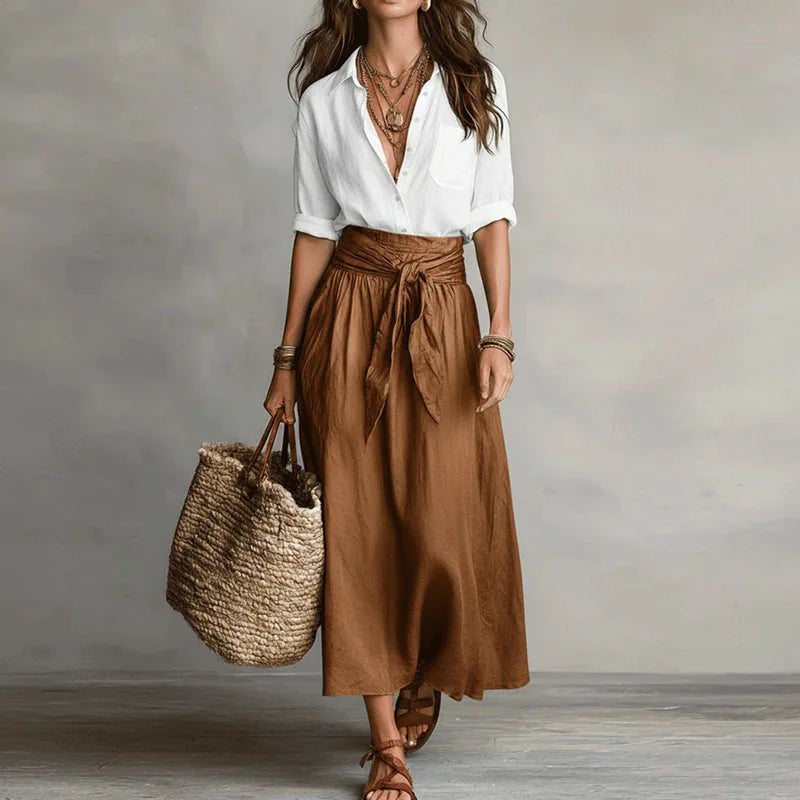 Women's Linen Co-Ord Set High-Waisted Midi Skirt & Blouse Casual Summer Outfit - Victrafia