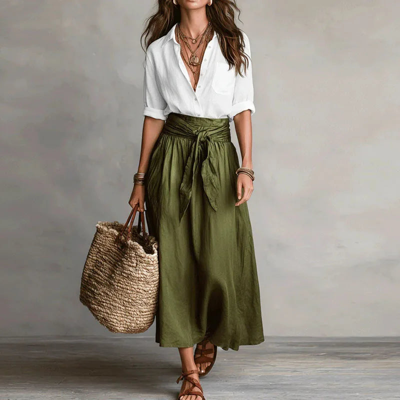 Women's Linen Co-Ord Set High-Waisted Midi Skirt & Blouse Casual Summer Outfit - Victrafia