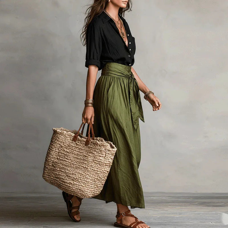 Women's Linen Co-Ord Set High-Waisted Midi Skirt & Blouse Casual Summer Outfit - Victrafia