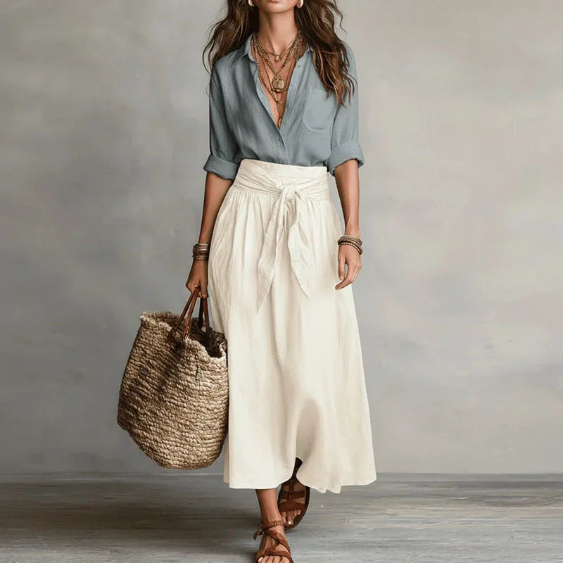 Women's Linen Co-Ord Set High-Waisted Midi Skirt & Blouse Casual Summer Outfit - Victrafia