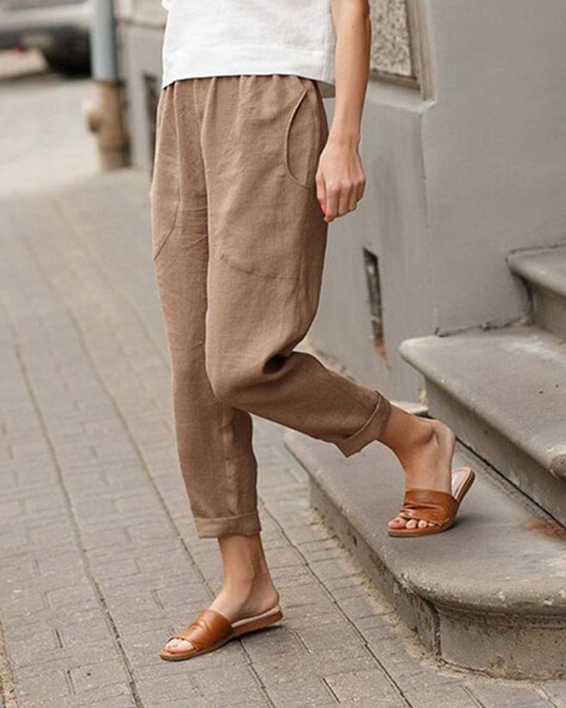 Women's Linen-Cotton Harem Pants Tapered Casual Summer Trousers with Pockets - Victrafia
