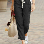 Women's Linen Drawstring Pants Casual Loose Fit Cropped Trousers Summer Beach Vacation - Victrafia