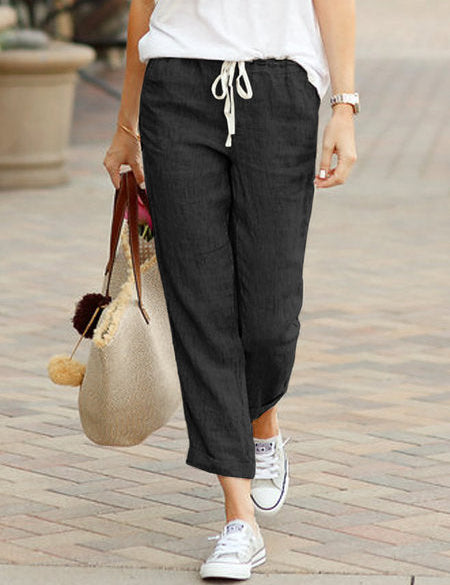 Women's Linen Drawstring Pants Casual Loose Fit Cropped Trousers Summer Beach Vacation - Victrafia