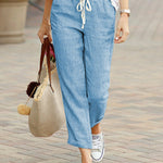 Women's Linen Drawstring Pants Casual Loose Fit Cropped Trousers Summer Beach Vacation - Victrafia