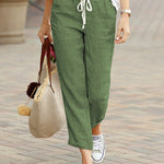 Women's Linen Drawstring Pants Casual Loose Fit Cropped Trousers Summer Beach Vacation - Victrafia