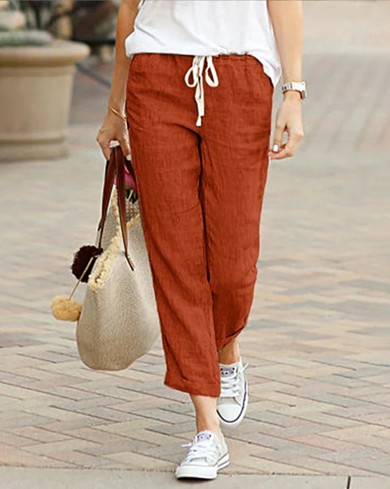 Women's Linen Drawstring Pants Casual Loose Fit Cropped Trousers Summer Beach Vacation - Victrafia