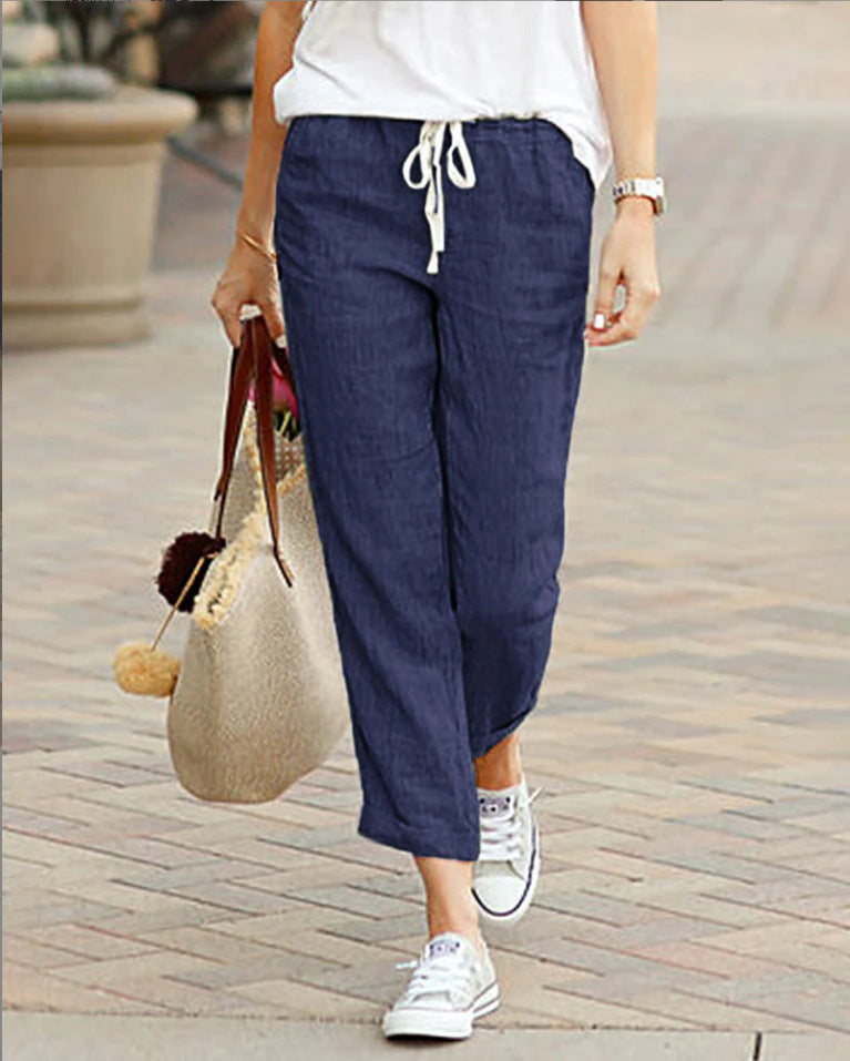 Women's Linen Drawstring Pants Casual Loose Fit Cropped Trousers Summer Beach Vacation - Victrafia