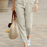 Women's Linen Drawstring Pants Casual Loose Fit Cropped Trousers Summer Beach Vacation - Victrafia