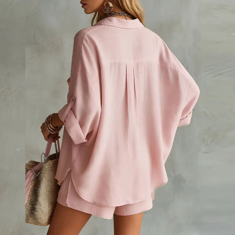 Women's Linen Matching Set Oversized Shirt Shorts Summer Casual Vacation Outfit - Victrafia