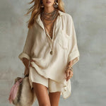 Women's Linen Matching Set Oversized Shirt Shorts Summer Casual Vacation Outfit - Victrafia