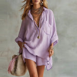 Women's Linen Matching Set Oversized Shirt Shorts Summer Casual Vacation Outfit - Victrafia