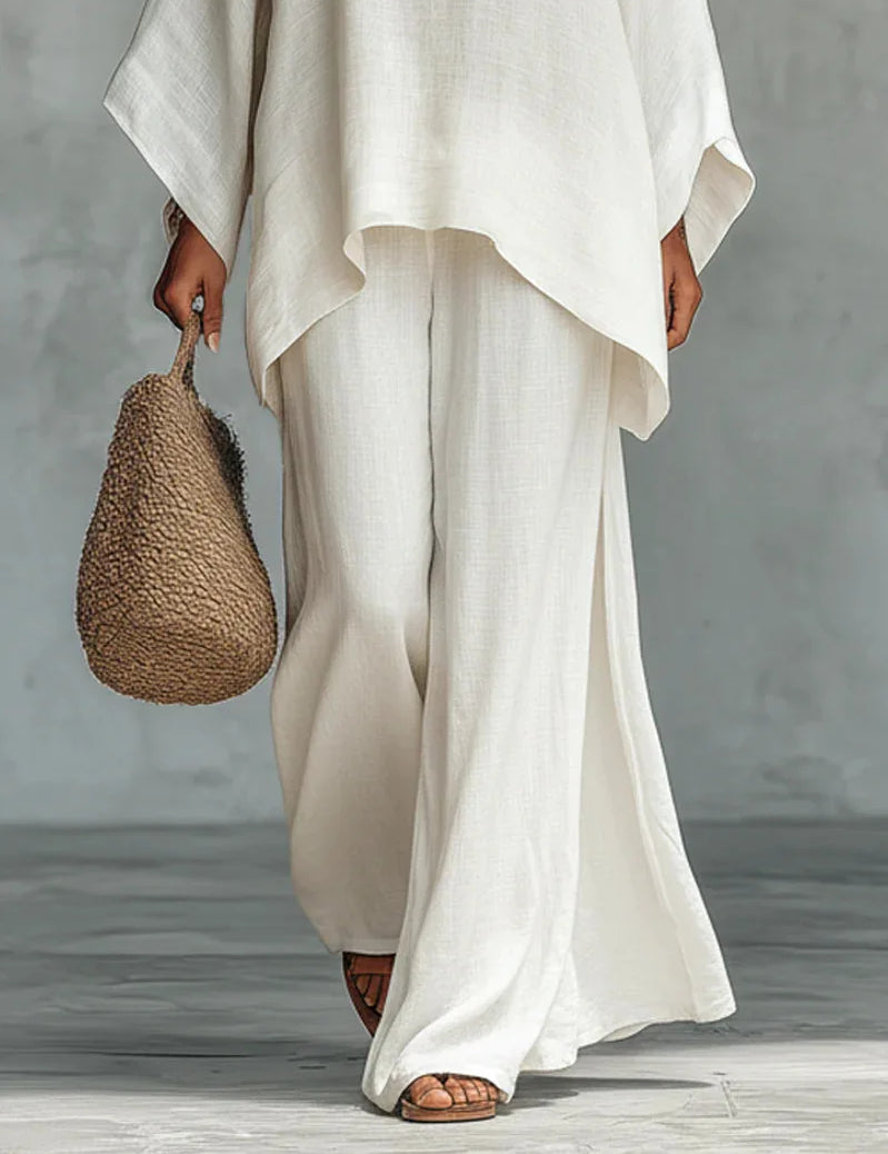 Women's Linen Two-Piece Set Batwing Top Wide Leg Pants Casual Summer Outfit - Victrafia