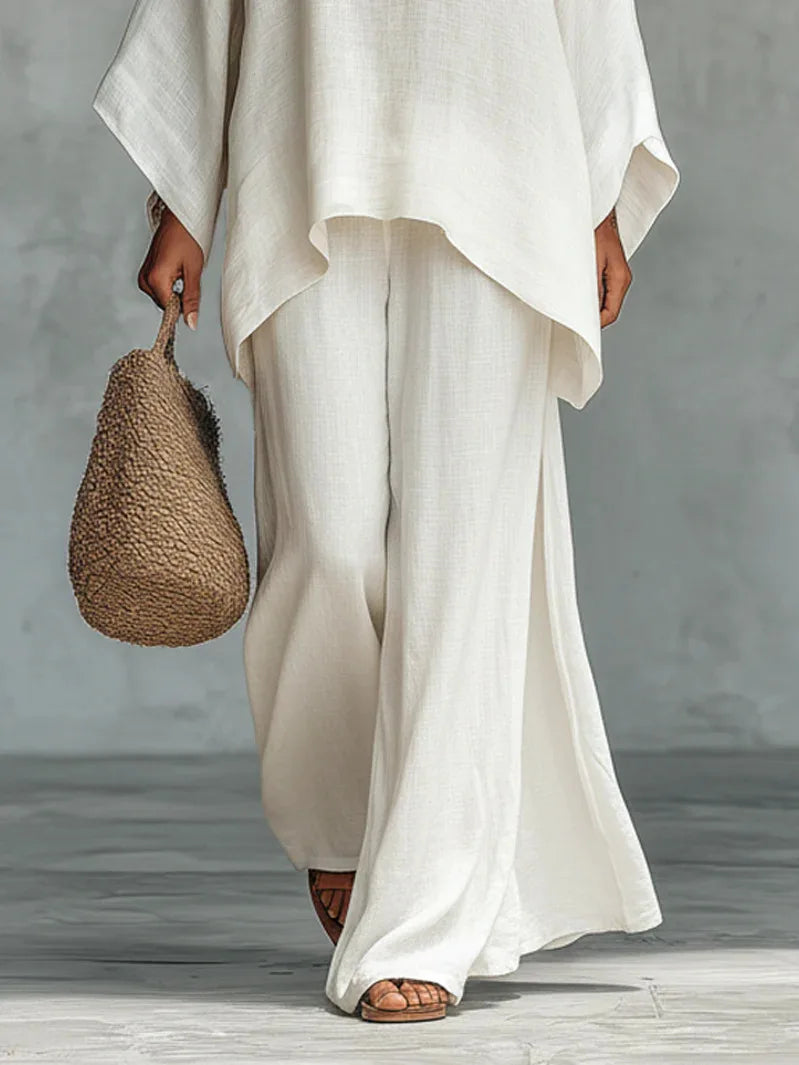 Women's Linen Two-Piece Set Batwing Top Wide Leg Pants Casual Summer Outfit - Victrafia