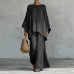 Women's Linen Two-Piece Set Batwing Top Wide Leg Pants Casual Summer Outfit - Victrafia